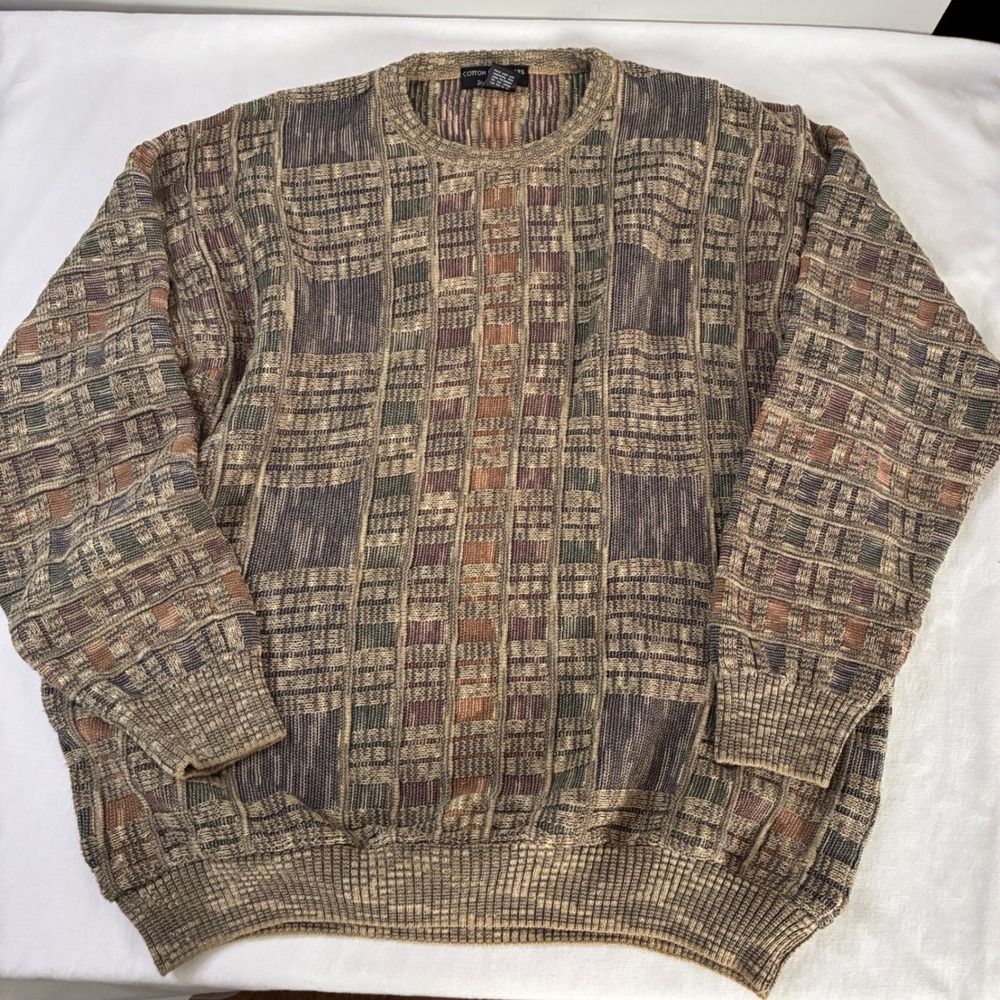 Cotton Traders Sweater Mens Large Brown Textured Geometric Knit Coogi Style